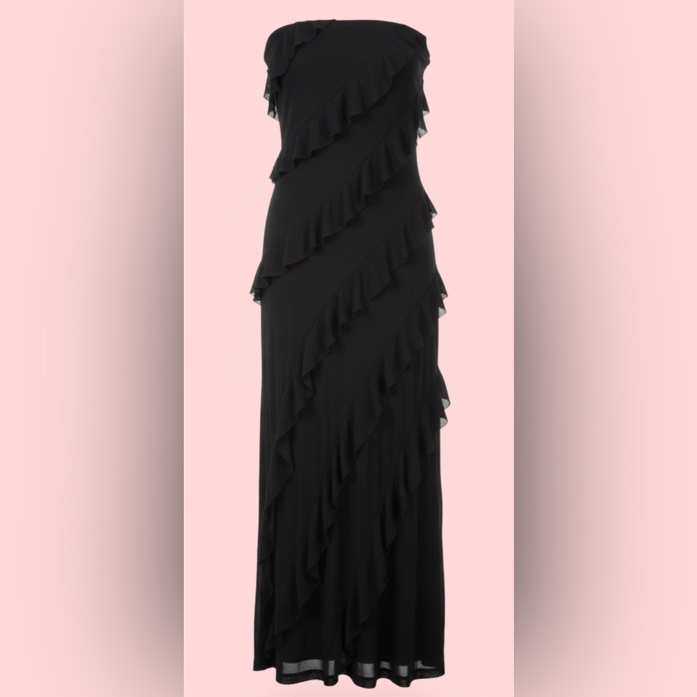 Black Ruffle Cascade Strapless dress w/ stretch
